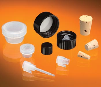 clear plastic cap, wooden corks, perfume sampler closures and stoppers with black polyseal or phenolic caps and orifice reducers